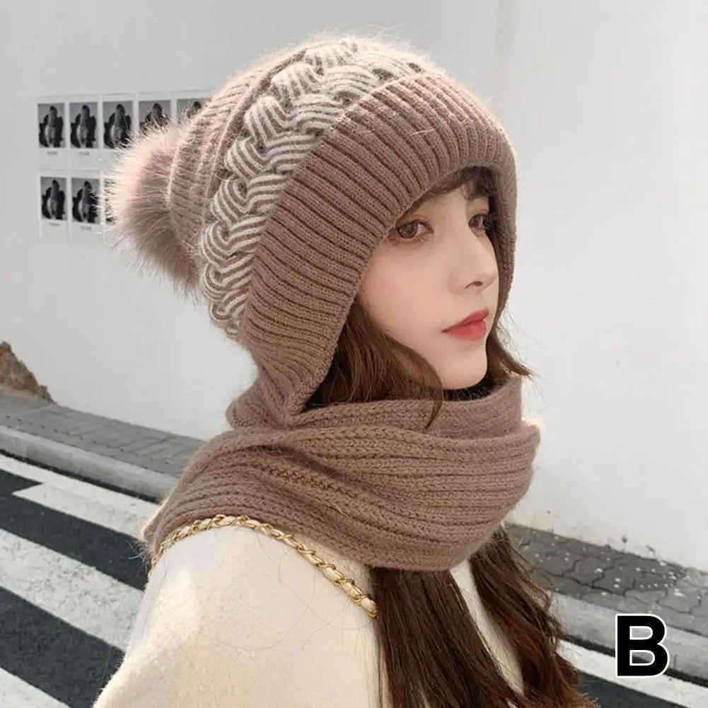 Winter Womens Knitted Hat Double Warm Padded Thickened Hat Scarf One Wool Knitting Net Red Wind and Snow Beanies Hats