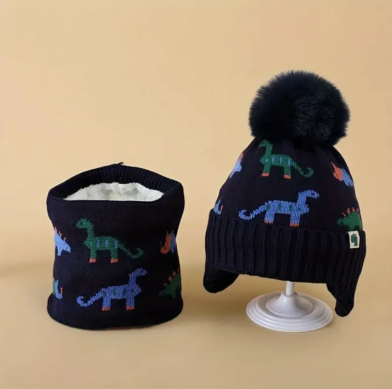 2pcs Kids' Winter Hat & Scarf Set - Soft Warm Knit Beanie with Ear Flaps Lightweight Warmth for Boys & Girls
