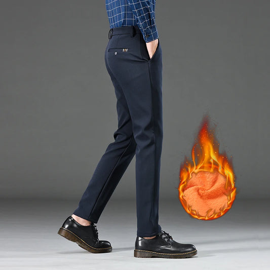 Winter Warm Men's Fleece Plush Pants Business Fashion Classic Style Black Blue Thick Warm Stretch Trousers Male Brand Clothing