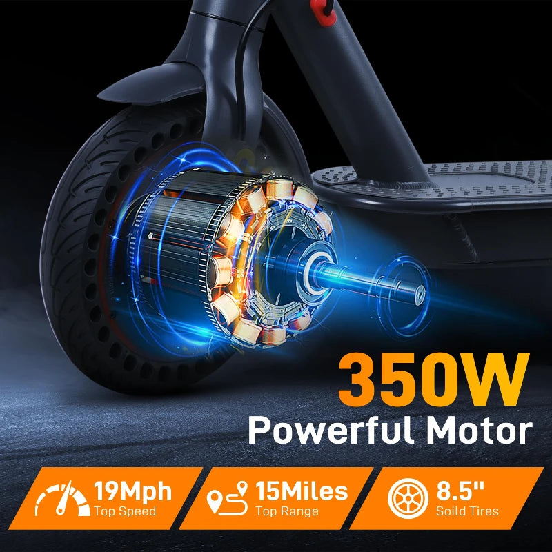 Electric Scooter Foldable | Disc Brakes 350W Motor, 25km/h Speed, 30KM Max Range, 36V 10.4Ah Battery, APP Control, Solid Tires