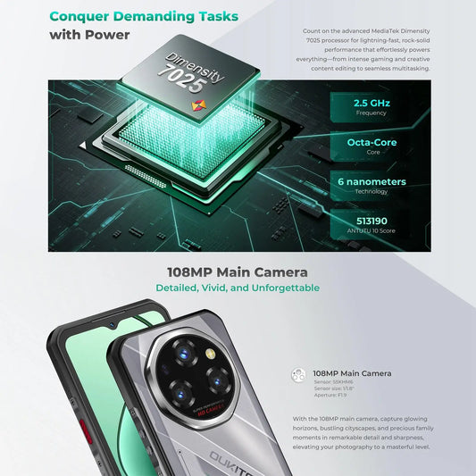 Oukitel WP62 5G Rugged Smartphone 108MP Camera 11000mAh 33W 8GB+256GB 6.6 inch FHD+ IPS Display 120Hz Android 15 NFC