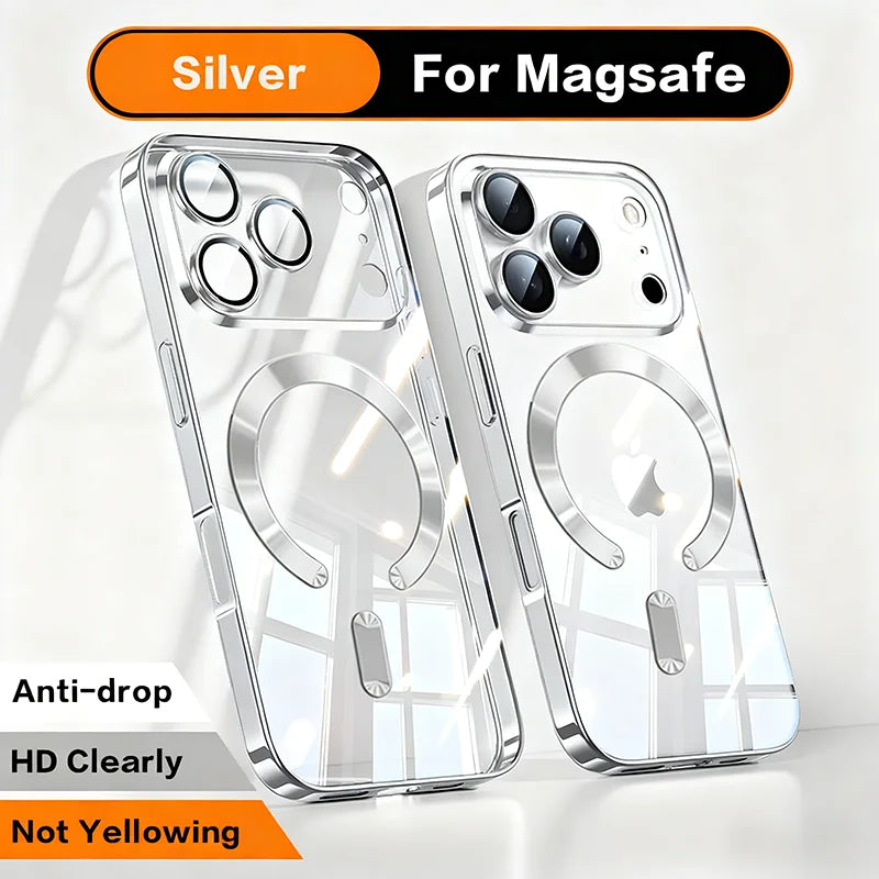 Fashion Orange Magnetic Clear Case For iPhone Air 17 16 15 14 13 12 11 Pro Max Plus Wireless Charge Plating Soft Business Cover