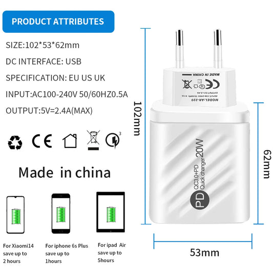 USB Charger 20W Fast Charging Mobile Phone Adapter For iPhone 14 Samsung Xiaomi Huawei Quick Charge 3.0 Wall USB Charger Adapter