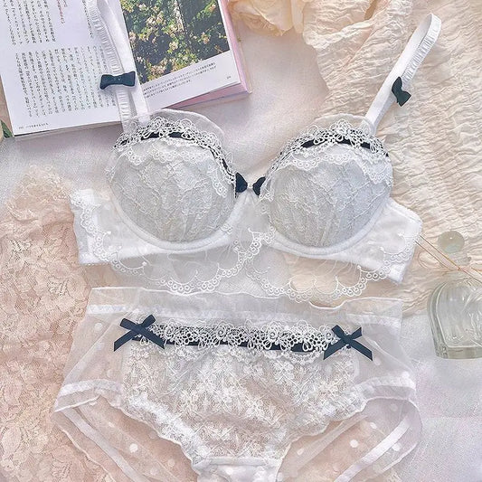 Sexy Bra Lolita Bra Set Small Breasts Gathered Without Steel Ring Sexy Bra Solid Color Desire Lace Sweet Temperament Bra Set
