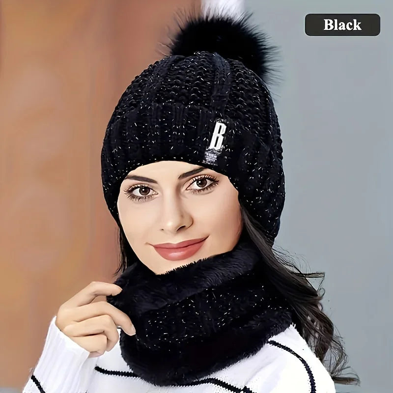 1Set Winter Warm Knit Hat Set Winter Hat Thick Plush Windproof Cold Casual-Windproof Warm Casual Hat with Scarf