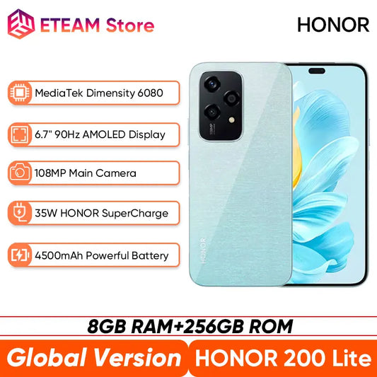 2024 Global Version HONOR 200 Lite 256GB ROM 5G Smartphone 200Lite  Dimensity 6080 6.7'' 90Hz AMOLED Display 108MP Main Camera