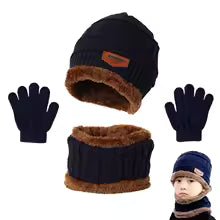Winter hat, scarf, and warm fleece gloves set for children, knitted hat, beanie for boys, neck gaiter, children's glove suit, and accessories
