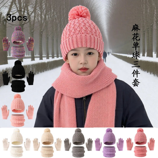 3pc3-12Y solid color, fleece and thickened children's, boys' and girls' hats, scarves and gloves set