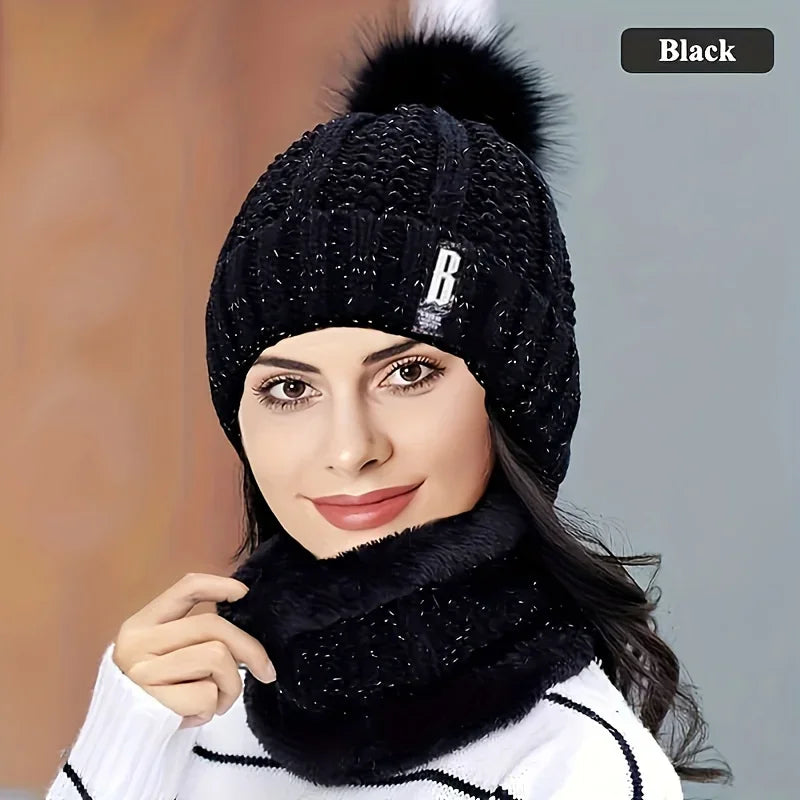 1Set Winter Warm Knit Hat Set Winter Hat Thick Plush Windproof Cold Casual-Windproof Warm Casual Hat with Scarf