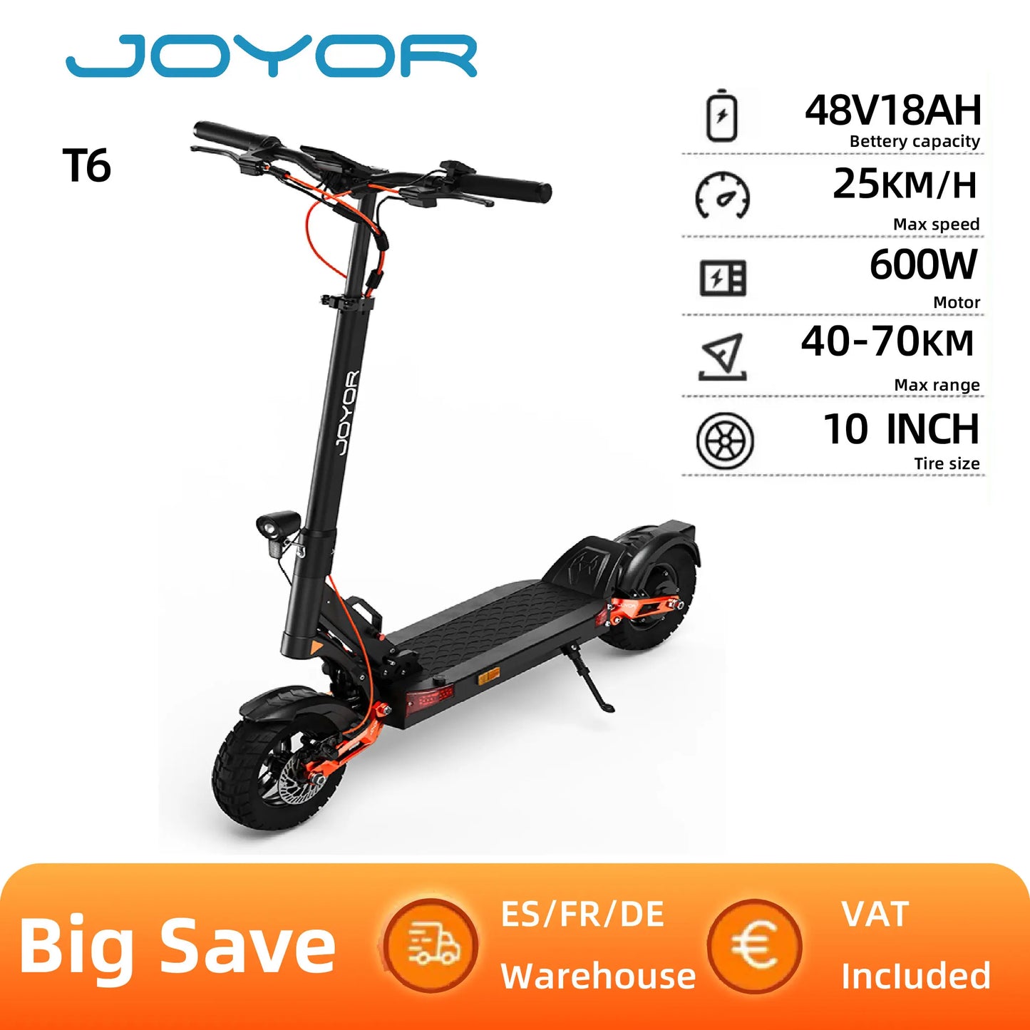 JOYOR T6 Adult Electric Scooter 600W Motor 48V18AH Battery E-Mountain Escooter 10" Off-Road Tire Foldable E-Scooter