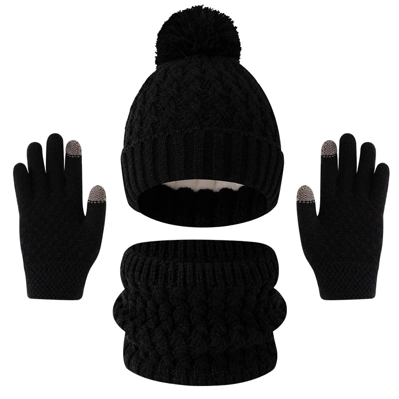 3pc3-12Y solid color, fleece and thickened children's, boys' and girls' hats, scarves and gloves set