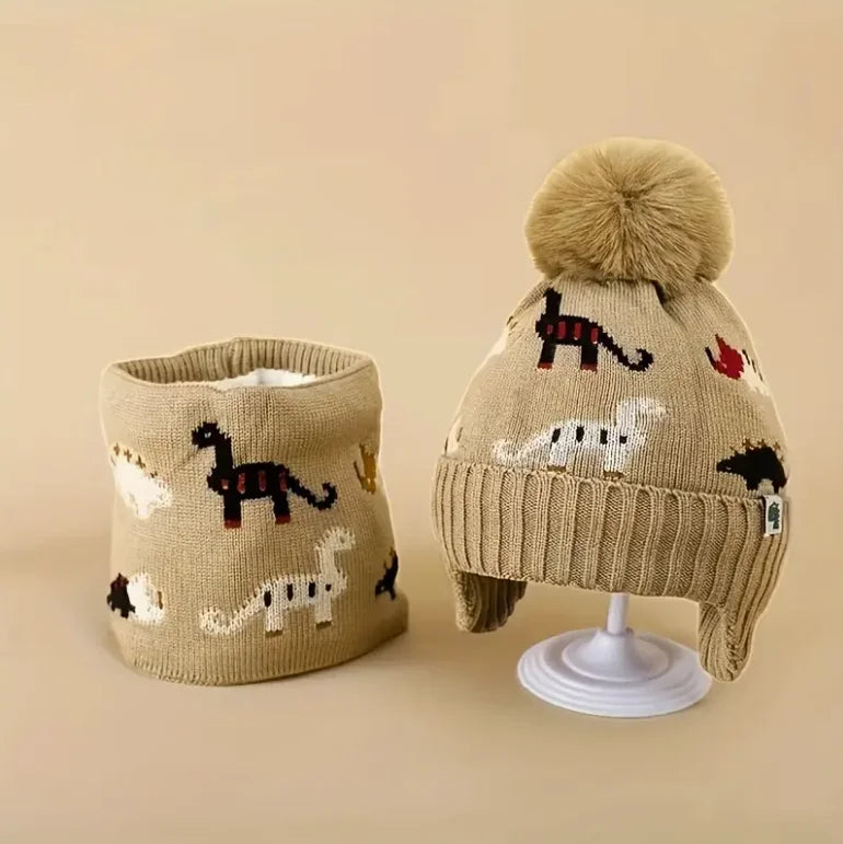2pcs Kids' Winter Hat & Scarf Set - Soft Warm Knit Beanie with Ear Flaps Lightweight Warmth for Boys & Girls