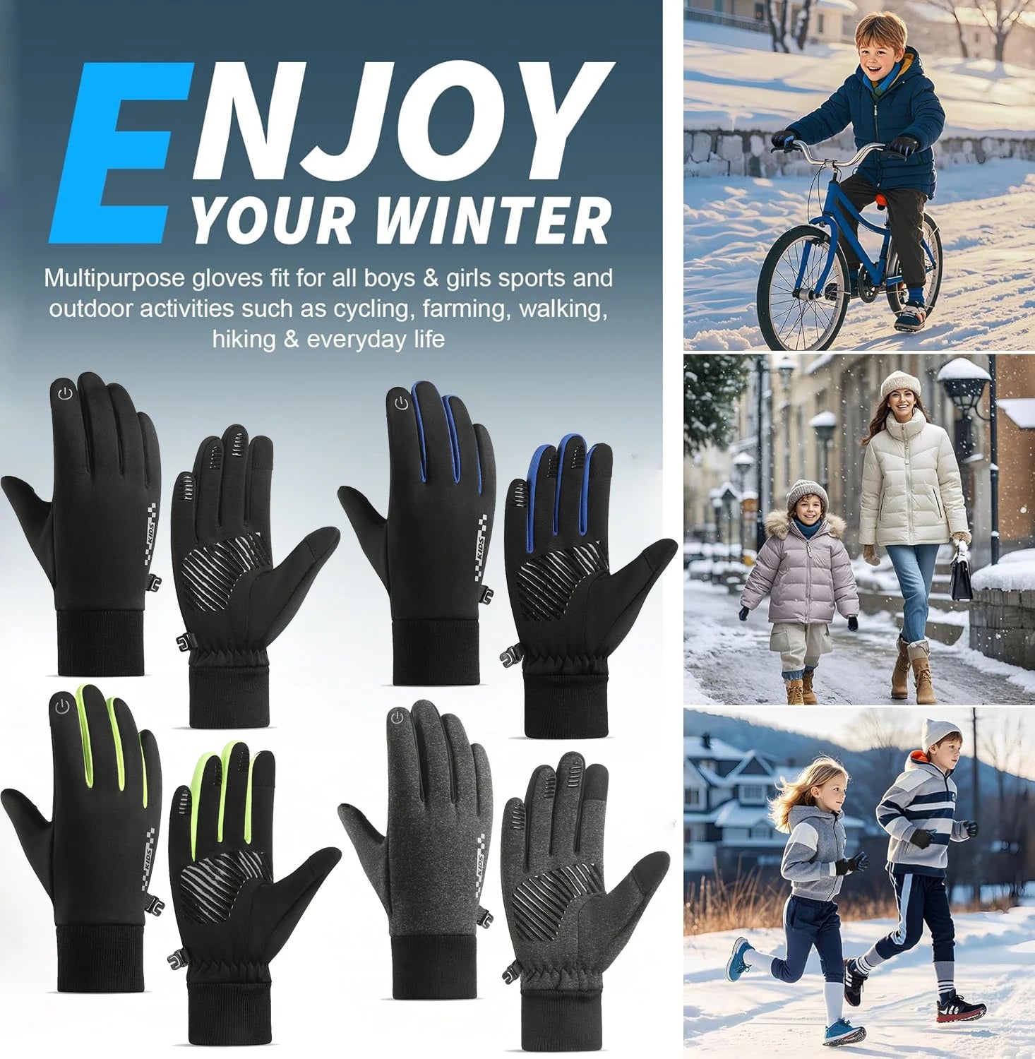 GTUBIKE Kids Winter Gloves,Touchscreen Anti-Slip Kids Cycling Gloves,Warm Windproof Kids Gloves,Sports Gloves Boys Girls