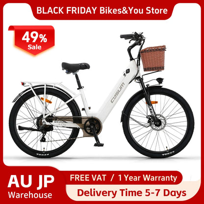Electric Bicycle 26" 250W Motor 7S Removable Li-Battery Pedal Assist with Basket Luggage Rack Urban Unisex City Commuter E-bike
