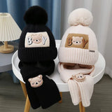 2Pcs/Set Baby Hat Scarf Cute Pompom Winter Woolen Knitted Warm Beanie Kids Boys Girls Cartoon Bear Crochet Cap Scarves