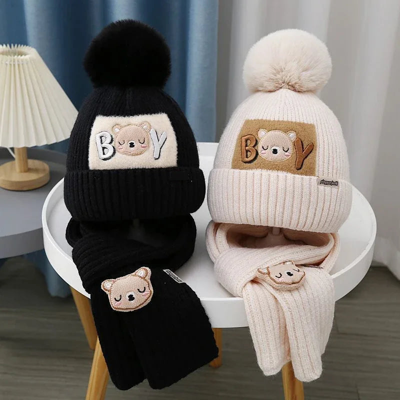 2Pcs/Set Baby Hat Scarf Cute Pompom Winter Woolen Knitted Warm Beanie Kids Boys Girls Cartoon Bear Crochet Cap Scarves