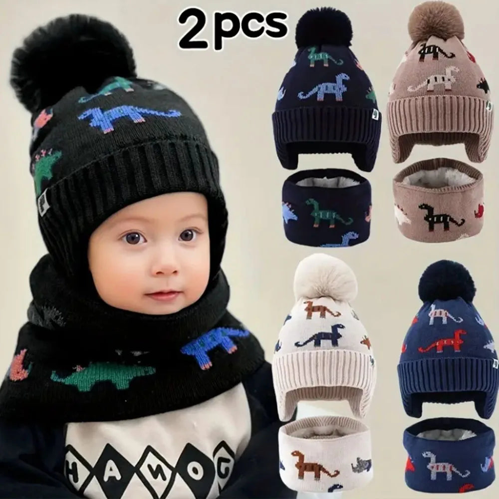 2pcs Kids' Winter Hat & Scarf Set - Soft Warm Knit Beanie with Ear Flaps Lightweight Warmth for Boys & Girls