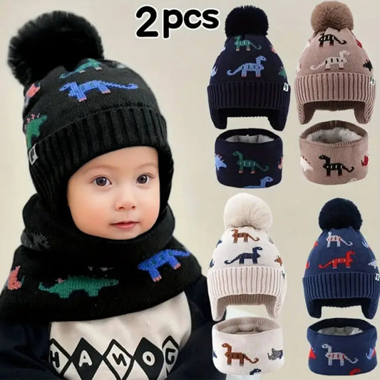 2pcs Kids' Winter Hat & Scarf Set - Soft Warm Knit Beanie with Ear Flaps Lightweight Warmth for Boys & Girls