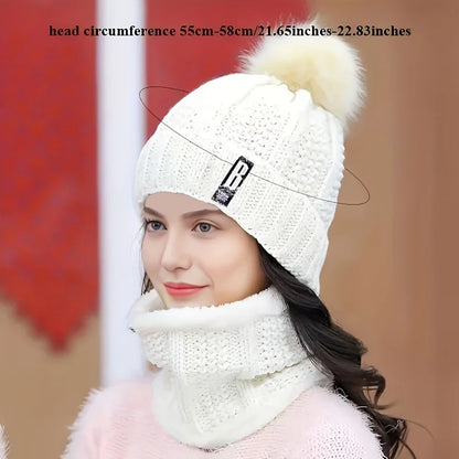 1Set Winter Warm Knit Hat Set Winter Hat Thick Plush Windproof Cold Casual-Windproof Warm Casual Hat with Scarf