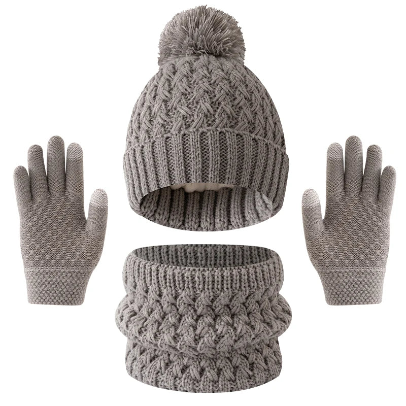 3pc3-12Y solid color, fleece and thickened children's, boys' and girls' hats, scarves and gloves set