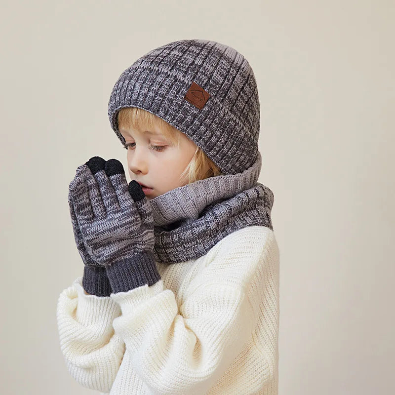 1 Set 4-10Y Children Baby Boy Winter Knit Gloves Hat Scarf 3pcs Suit Outdoor Windproof Fleece Warm Kids Ring Beanie Hat for Boys