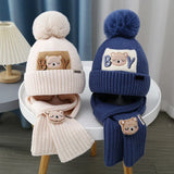 2Pcs/Set Baby Hat Scarf Cute Pompom Winter Woolen Knitted Warm Beanie Kids Boys Girls Cartoon Bear Crochet Cap Scarves