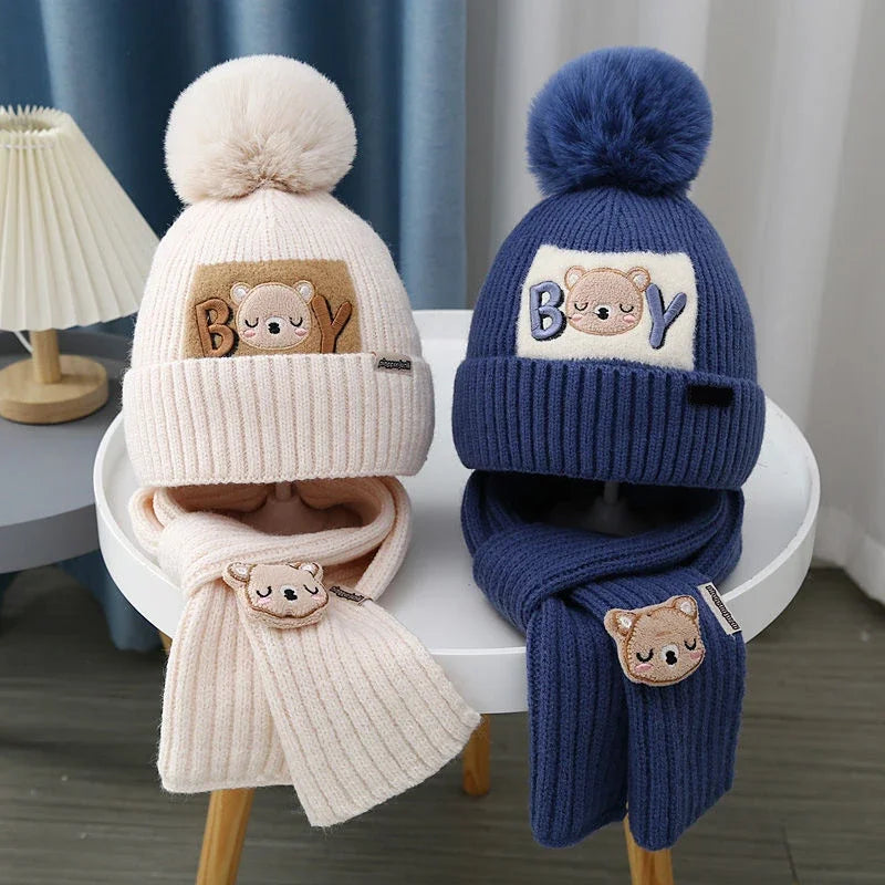 2Pcs/Set Baby Hat Scarf Cute Pompom Winter Woolen Knitted Warm Beanie Kids Boys Girls Cartoon Bear Crochet Cap Scarves