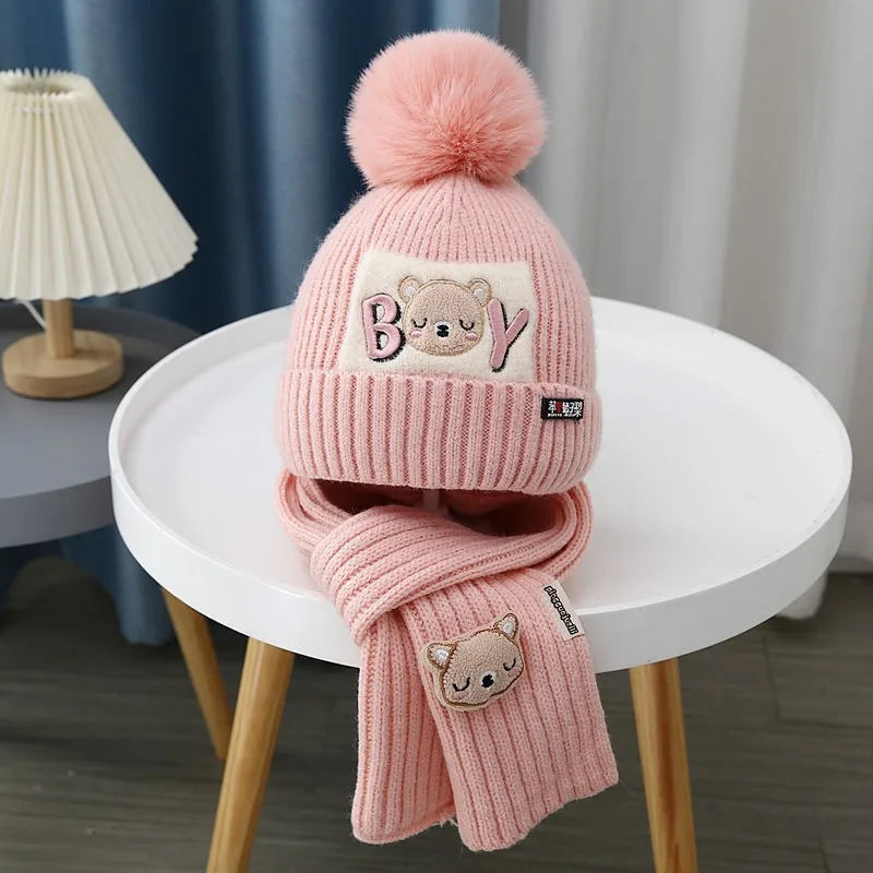 2Pcs/Set Baby Hat Scarf Cute Pompom Winter Woolen Knitted Warm Beanie Kids Boys Girls Cartoon Bear Crochet Cap Scarves