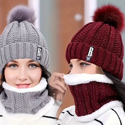 1Set Winter Warm Knit Hat Set Winter Hat Thick Plush Windproof Cold Casual-Windproof Warm Casual Hat with Scarf