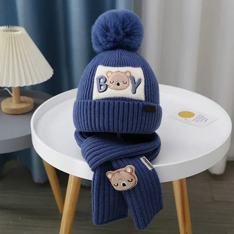 2Pcs/Set Baby Hat Scarf Cute Pompom Winter Woolen Knitted Warm Beanie Kids Boys Girls Cartoon Bear Crochet Cap Scarves