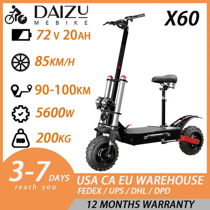 11inch Off Road Electric Scooter 85km/h Electric Scooter 72V 6000W Powerful Dual Motor E-Scooter for Adults Remote Control