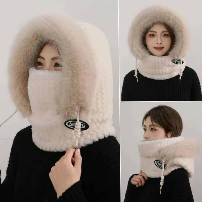 Winter Hat Woman Neck Hat Integrated Lei Feng Hat Ear Protection Windproof Warm Baotou Hat Thickened Bike Head Cap