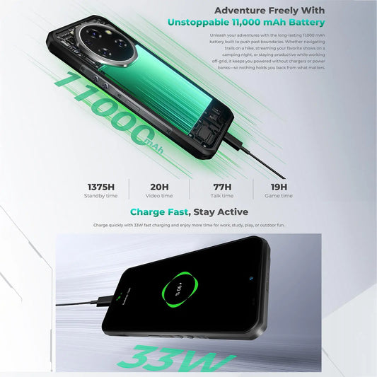 Oukitel WP62 5G Rugged Smartphone 108MP Camera 11000mAh 33W 8GB+256GB 6.6 inch FHD+ IPS Display 120Hz Android 15 NFC