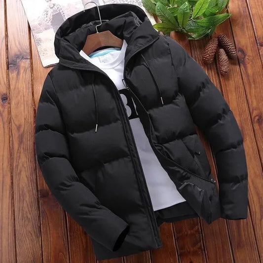 Men's Thickened Cotton Jacket Autumn Winter Hooded Pure Color Large Size Zipper Cotton Coat Men's Outerwear Casual Coat