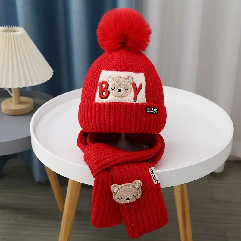 2Pcs/Set Baby Hat Scarf Cute Pompom Winter Woolen Knitted Warm Beanie Kids Boys Girls Cartoon Bear Crochet Cap Scarves