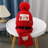 2Pcs/Set Baby Hat Scarf Cute Pompom Winter Woolen Knitted Warm Beanie Kids Boys Girls Cartoon Bear Crochet Cap Scarves