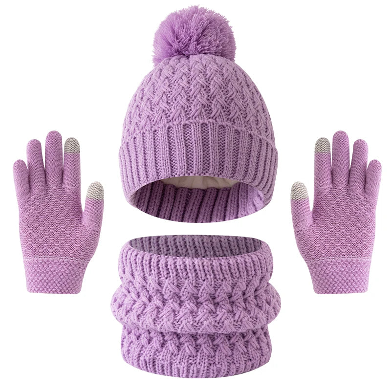 3pc3-12Y solid color, fleece and thickened children's, boys' and girls' hats, scarves and gloves set
