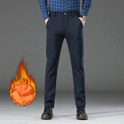 Winter Warm Men's Fleece Plush Pants Business Fashion Classic Style Black Blue Thick Warm Stretch Trousers Male Brand Clothing