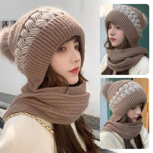 Winter Womens Knitted Hat Double Warm Padded Thickened Hat Scarf One Wool Knitting Net Red Wind and Snow Beanies Hats