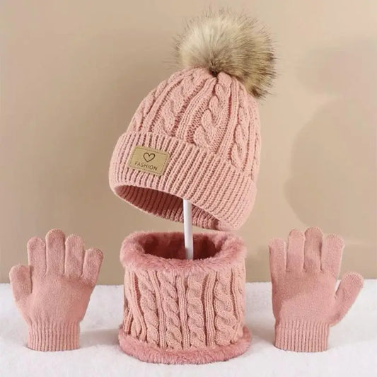 Toddler Kids Pom Pom Decor Beanie & Infinity Scarf & Gloves Boys Girls Winter Warm Suit