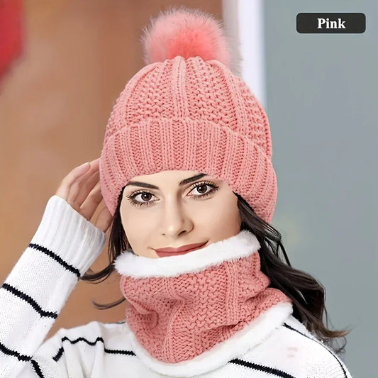 1Set Winter Warm Knit Hat Set Winter Hat Thick Plush Windproof Cold Casual-Windproof Warm Casual Hat with Scarf