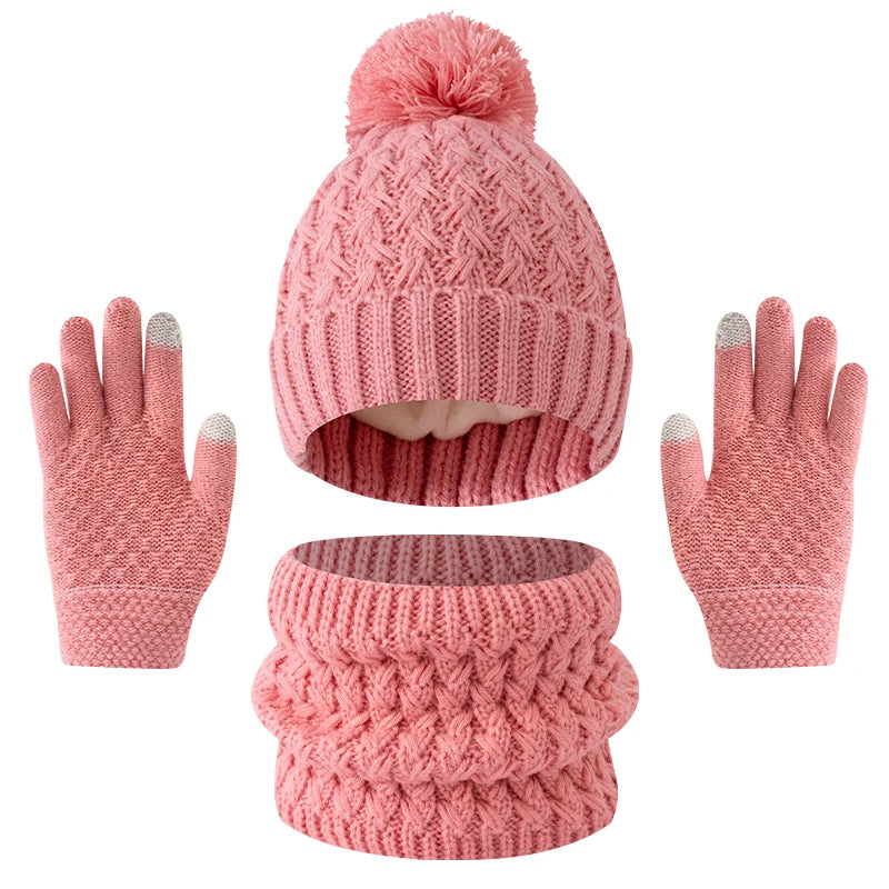 3pc3-12Y solid color, fleece and thickened children's, boys' and girls' hats, scarves and gloves set