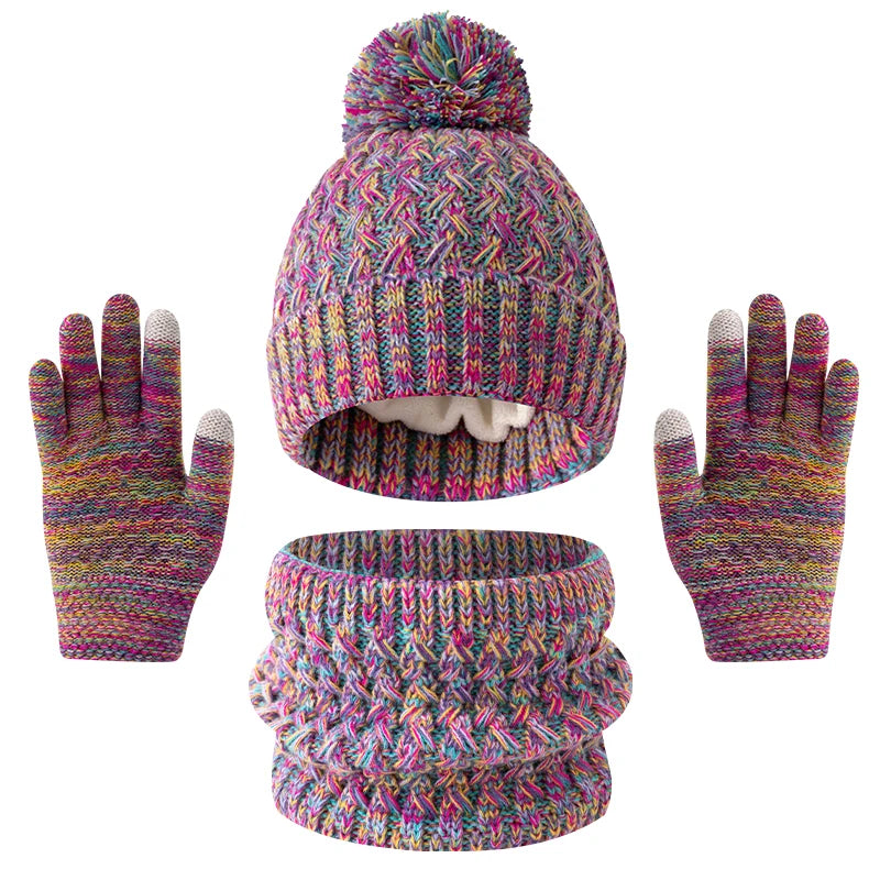 3pc3-12Y solid color, fleece and thickened children's, boys' and girls' hats, scarves and gloves set