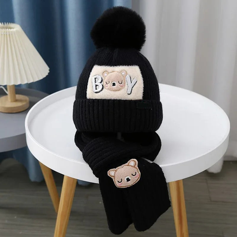 2Pcs/Set Baby Hat Scarf Cute Pompom Winter Woolen Knitted Warm Beanie Kids Boys Girls Cartoon Bear Crochet Cap Scarves