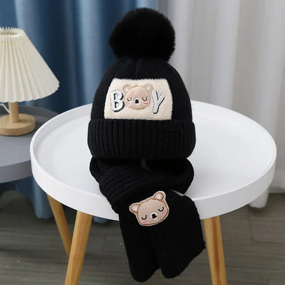 2Pcs/Set Baby Hat Scarf Cute Pompom Winter Woolen Knitted Warm Beanie Kids Boys Girls Cartoon Bear Crochet Cap Scarves
