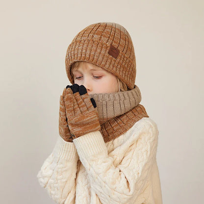 1 Set 4-10Y Children Baby Boy Winter Knit Gloves Hat Scarf 3pcs Suit Outdoor Windproof Fleece Warm Kids Ring Beanie Hat for Boys