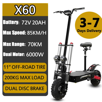 55-85KM/H Speed Electric Scooter 1200W-6000W Powerful Dual Motor E Scooter 100KM Long Range Scooter Electric for Adults