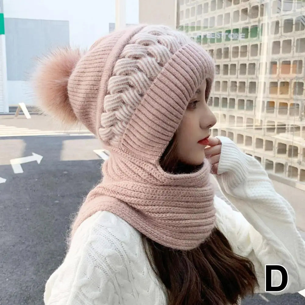 Winter Womens Knitted Hat Double Warm Padded Thickened Hat Scarf One Wool Knitting Net Red Wind and Snow Beanies Hats