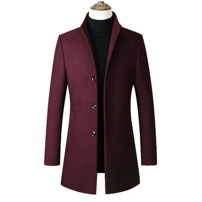 Autumn Winter Men's Woolen Coat Long Stand Collar Single Button Men's Jacket Loose Fit Chinese Brand Fashion Outerwear