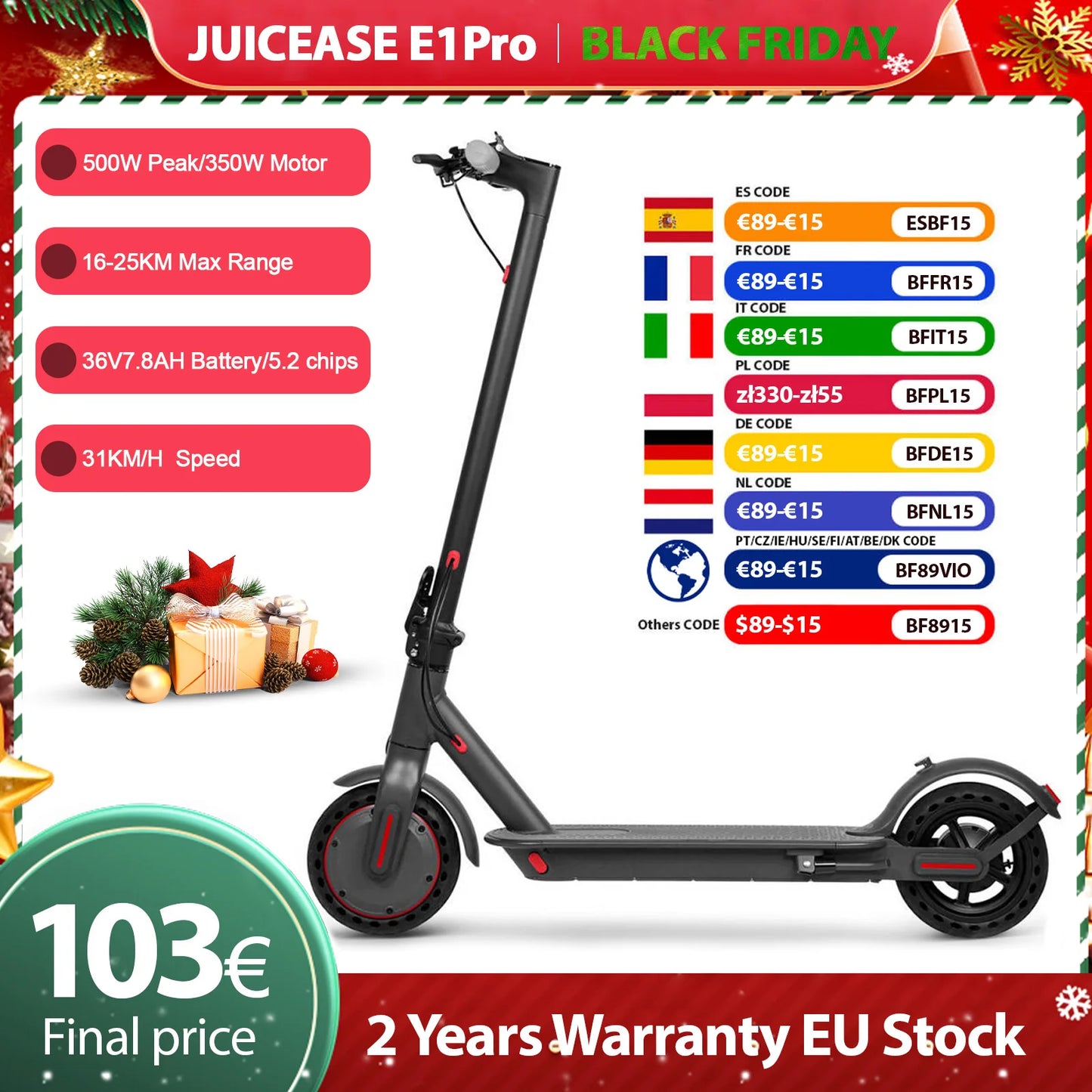 JUICEASE E1 Pro Electric Scooter 350W Motor 500W Peak Power Folding Electric Kick Scooter 36V7.8AH 5.2 Chips 25KM Range EScooter